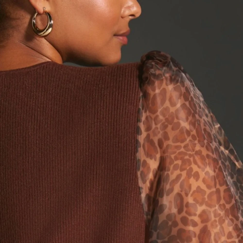 Anthropologie • NWT Dolan Sheer Animal Print Puff-Sleeve Brown Sweater Size 3X - Picture 11 of 13